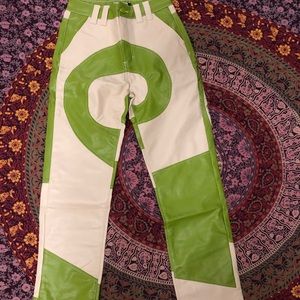 Small green and white swirl faux leather pants